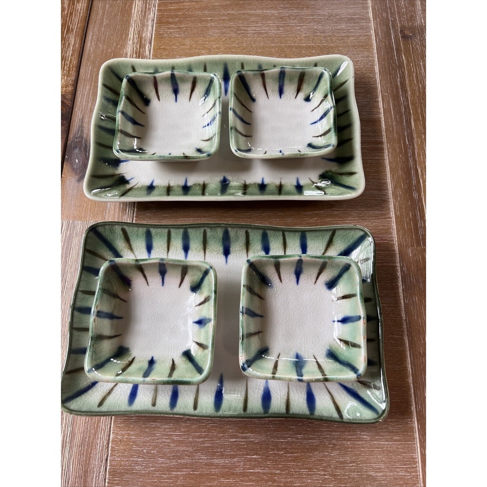 Williams Sonoma‎ Crackle Glaze Dipping 4 Bowls And 2 Plates Green Brown Blue